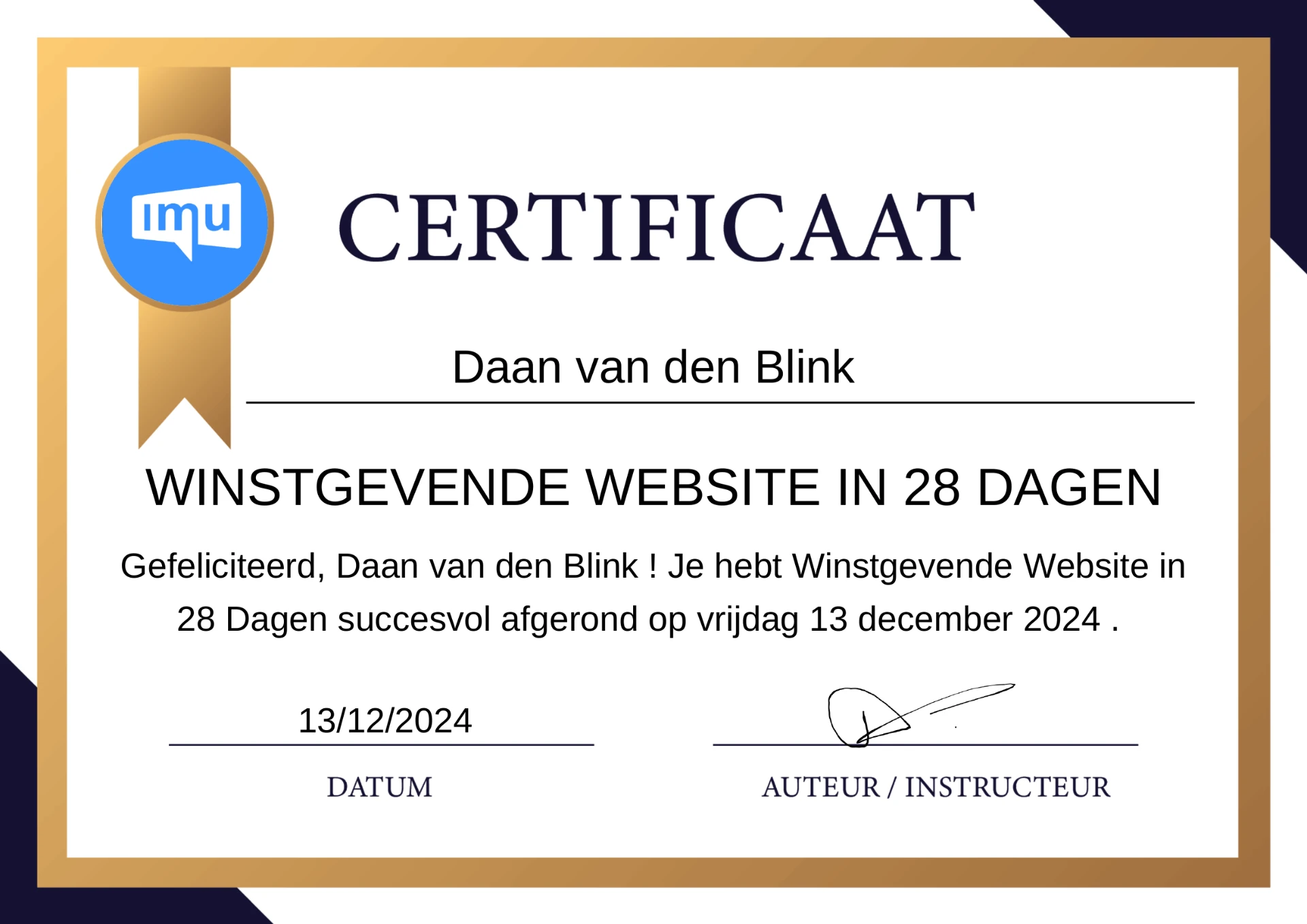 IMU certificaat Winstgevende Website in 28 Dagen van Daan van den Blink